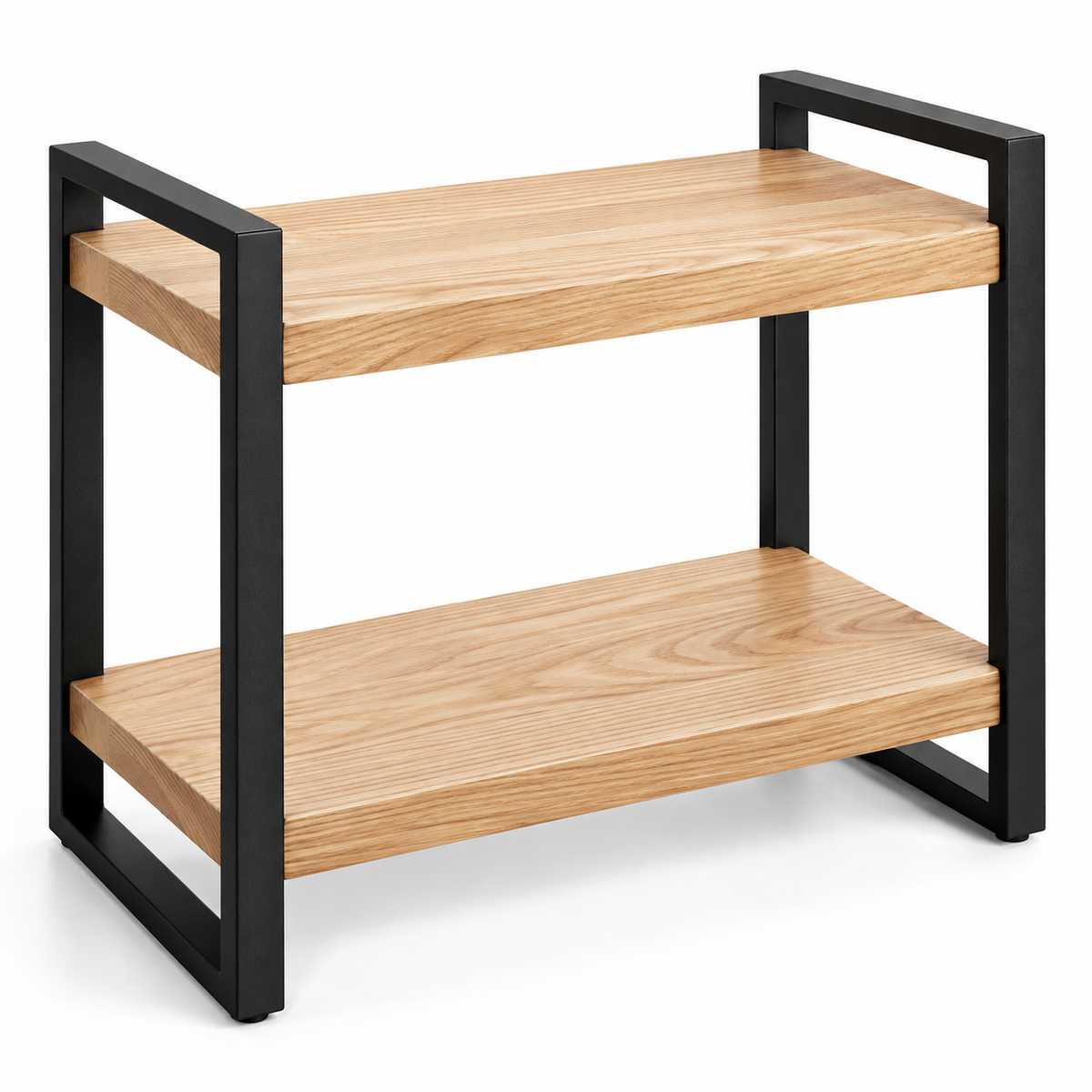 Ash Wood and Black Steel Two-Tier Entryway Shelf