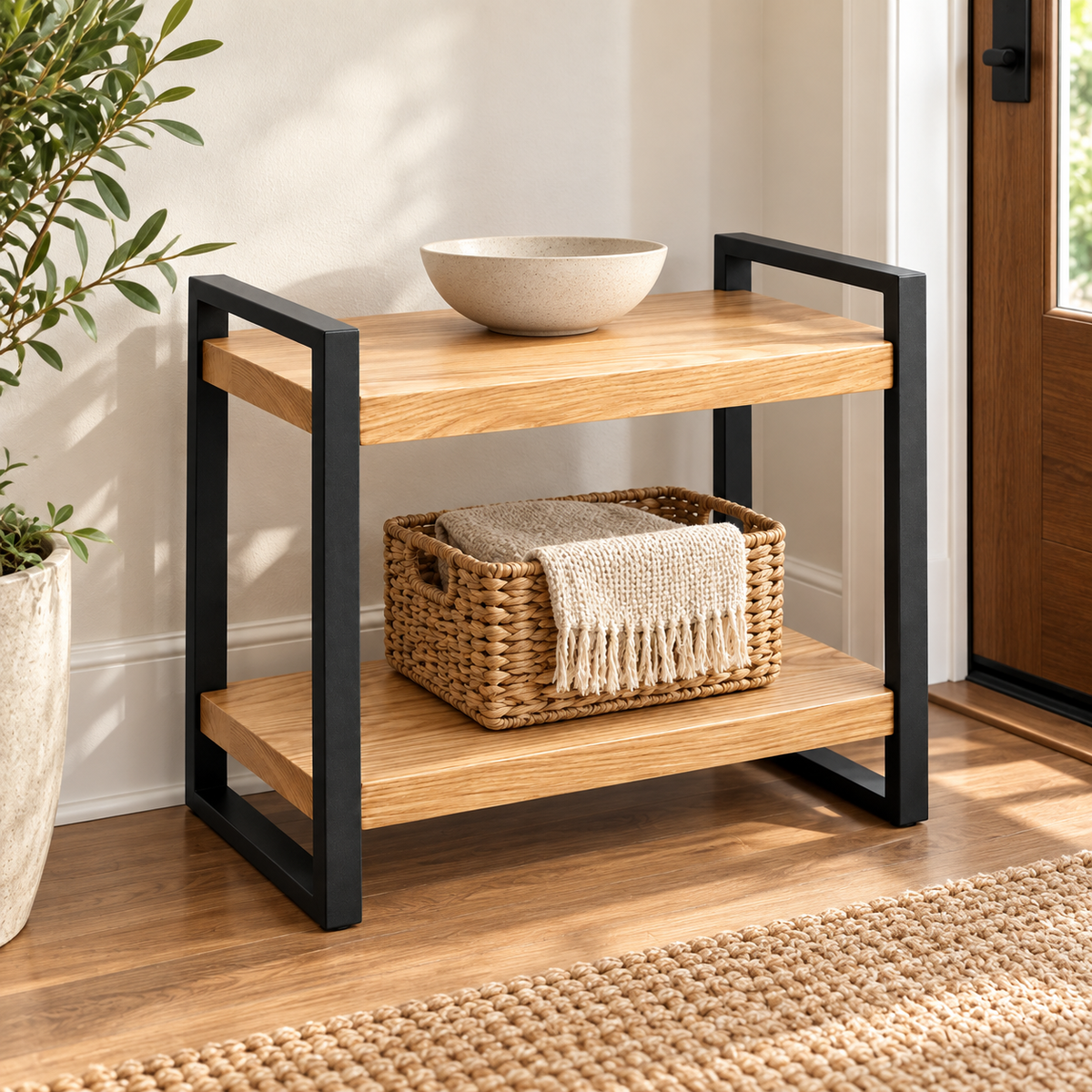 Ash Wood and Black Steel Two-Tier Entryway Shelf