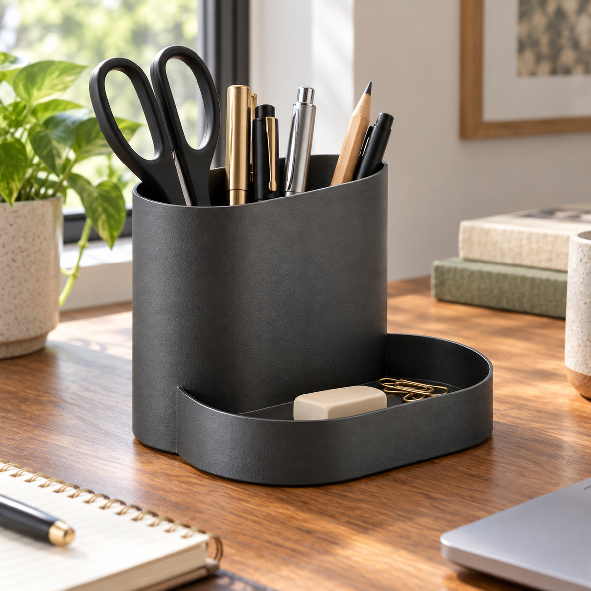 Charcoal Steel Pen Holder with Front Storage Tray