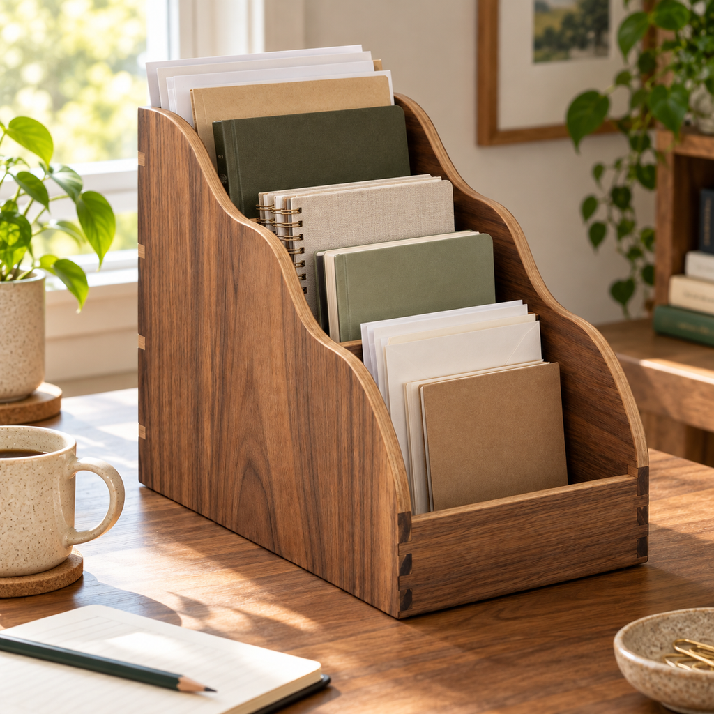 Walnut Desktop File Organizer with Three Upright Slots