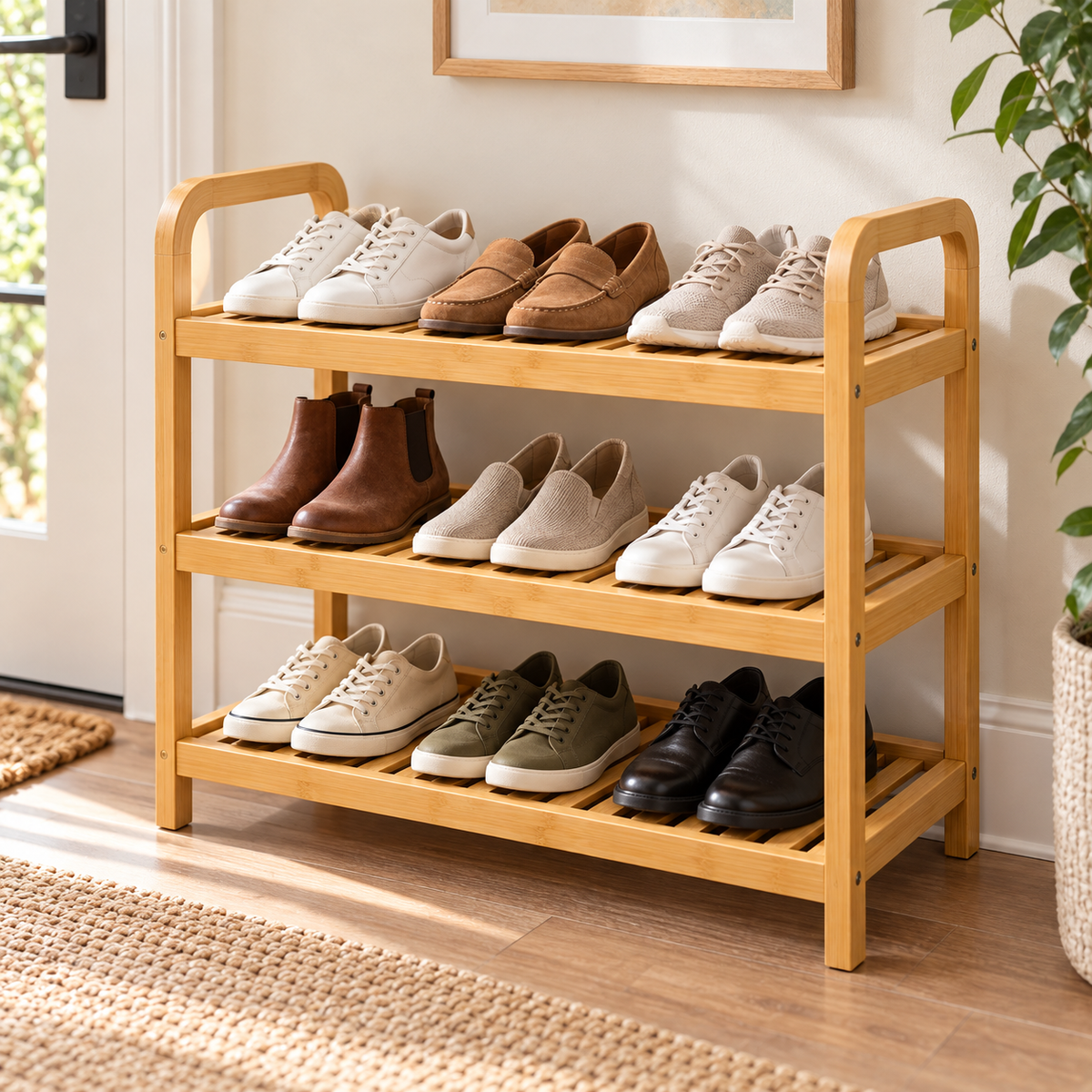 Bamboo Three-Tier Shoe Rack with Rounded Side Frames
