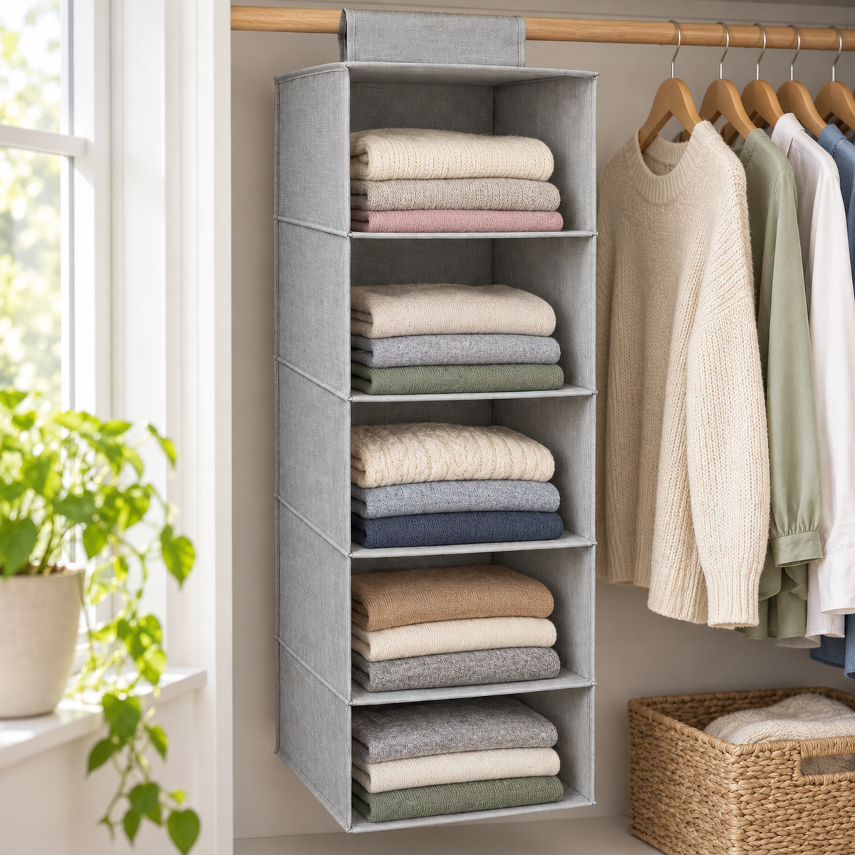 Gray Five-Shelf Hanging Closet Organizer