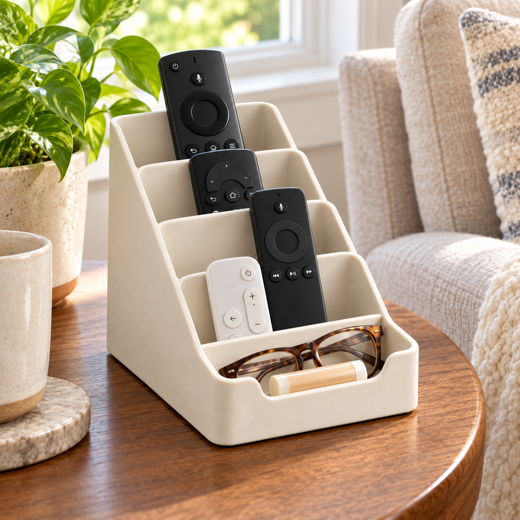 Ivory Stepped Remote Control Organizer with Front Pocket