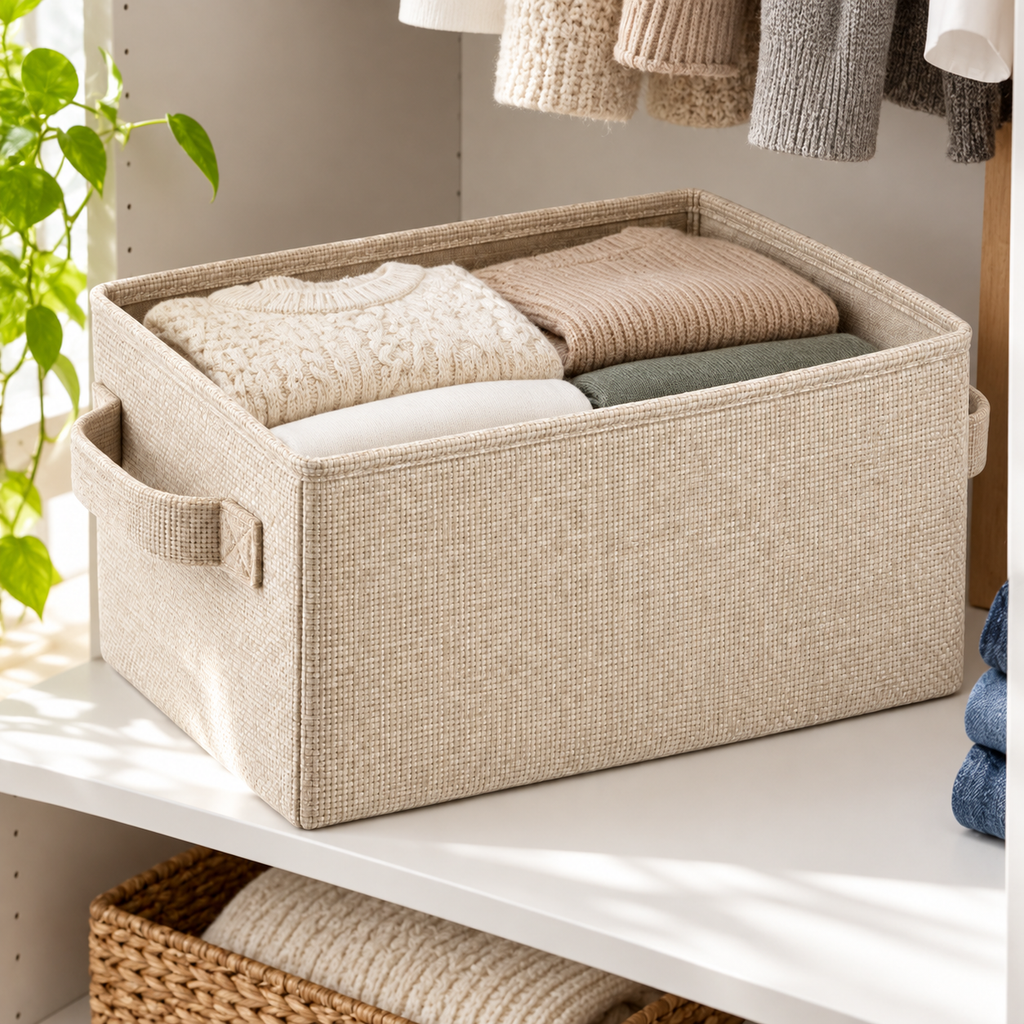 Oatmeal Fabric Storage Bin with Side Handles