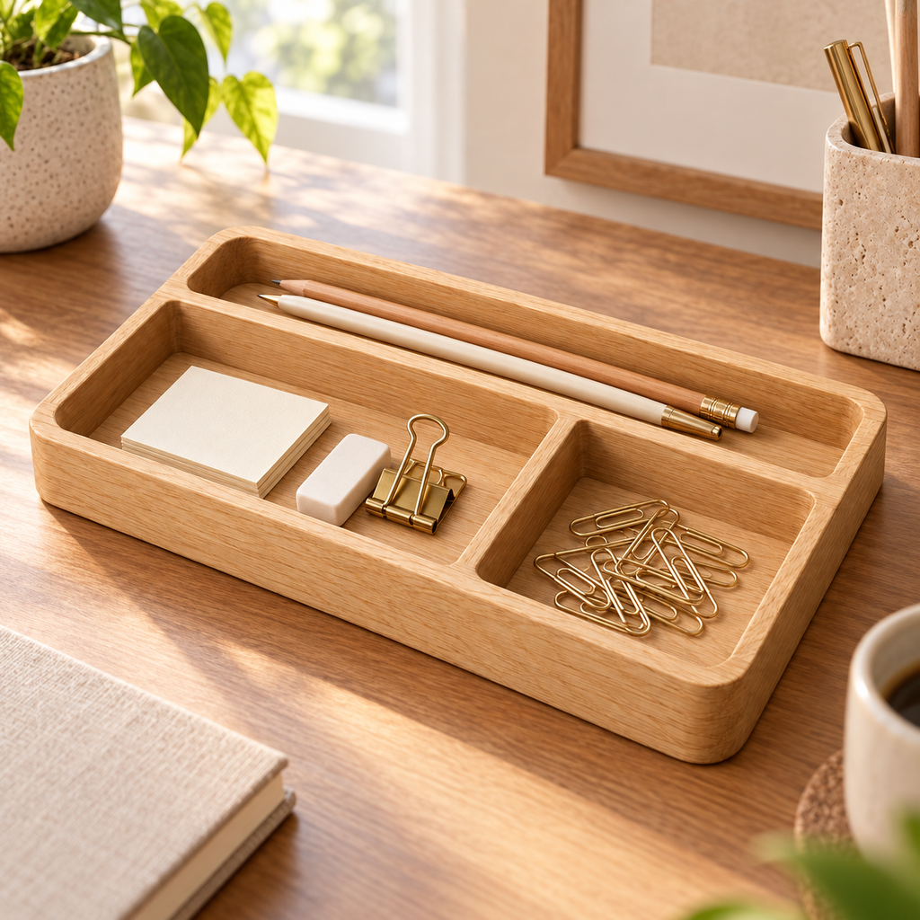 Oak Desk Organizer Tray with Three Compartments