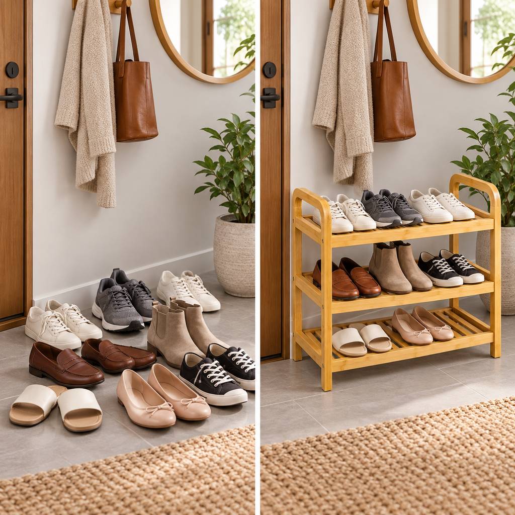Bamboo Three-Tier Shoe Rack with Rounded Side Frames