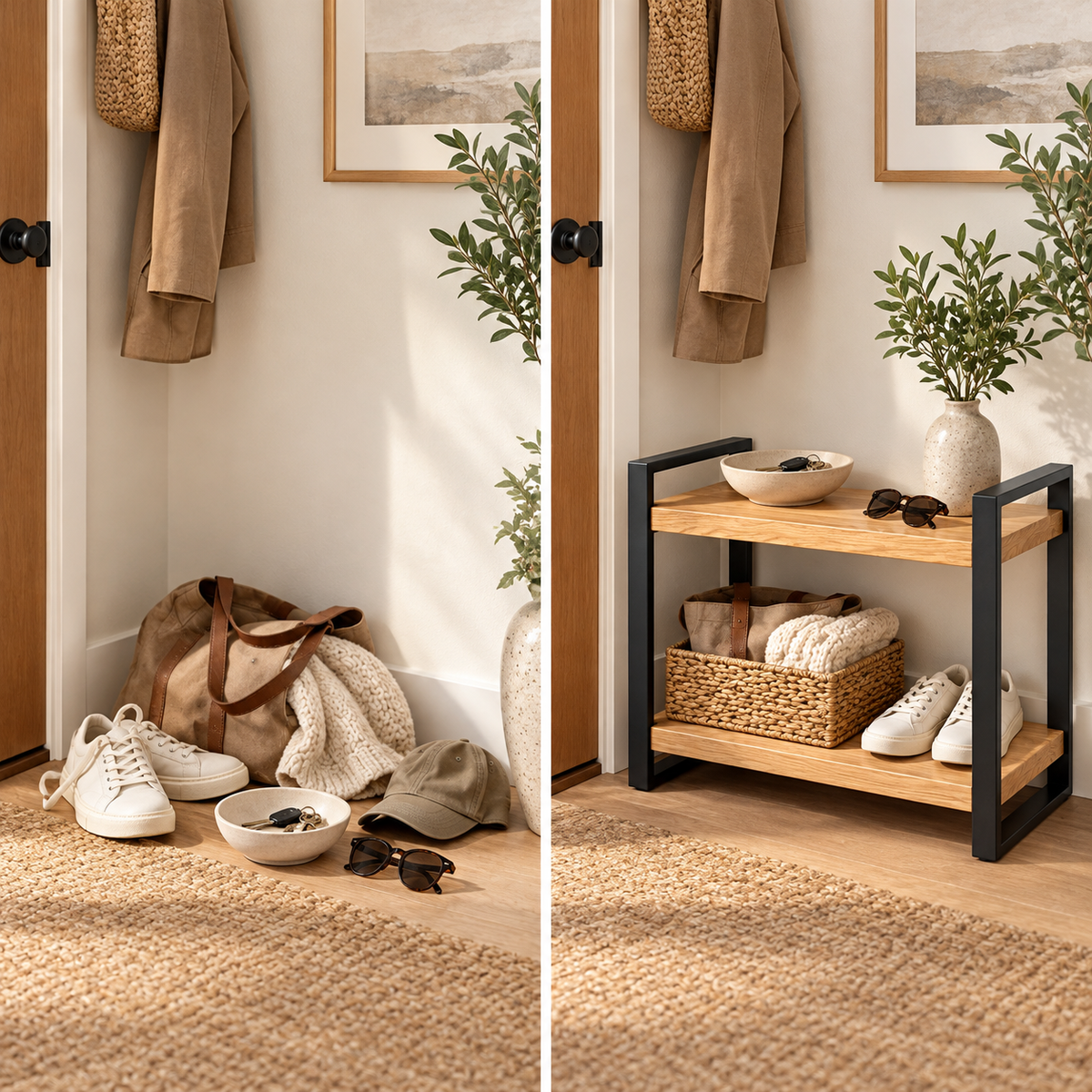 Ash Wood and Black Steel Two-Tier Entryway Shelf