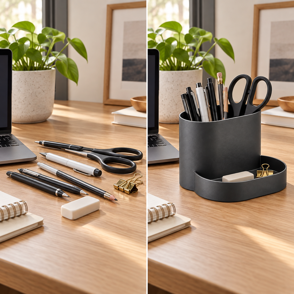 Charcoal Steel Pen Holder with Front Storage Tray