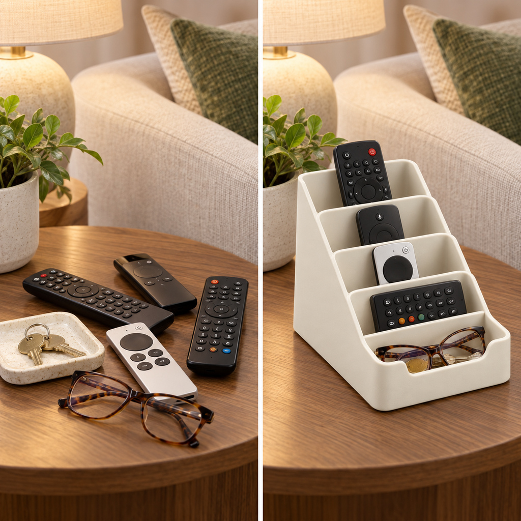 Ivory Stepped Remote Control Organizer with Front Pocket