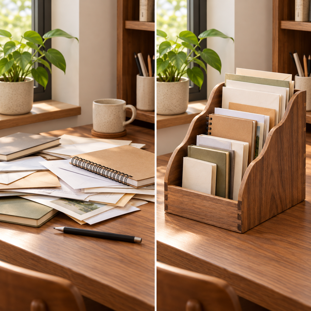 Walnut Desktop File Organizer with Three Upright Slots