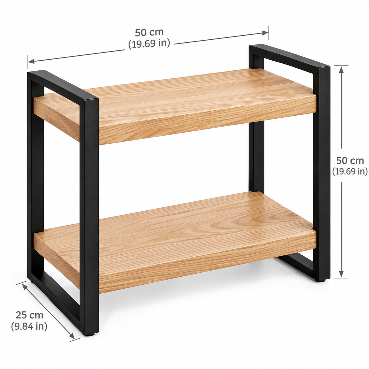 Ash Wood and Black Steel Two-Tier Entryway Shelf