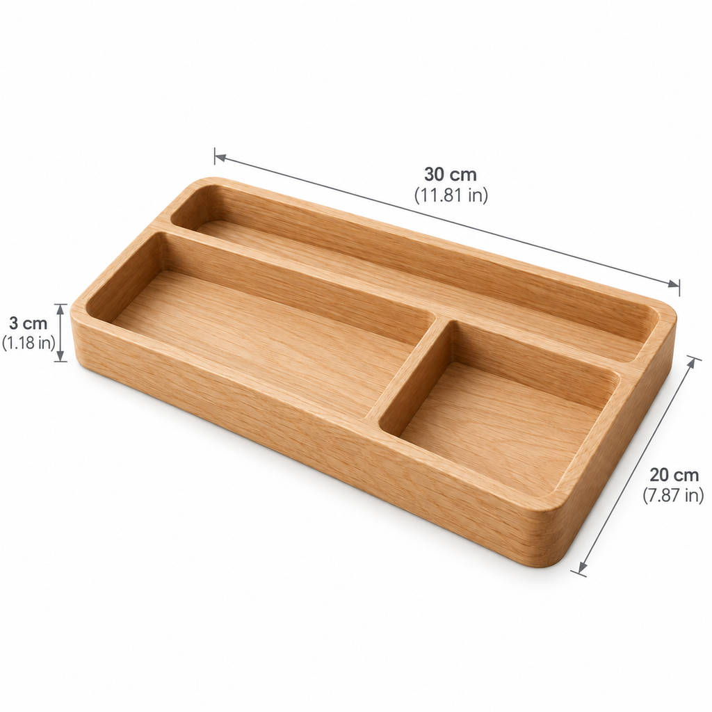 Oak Desk Organizer Tray with Three Compartments